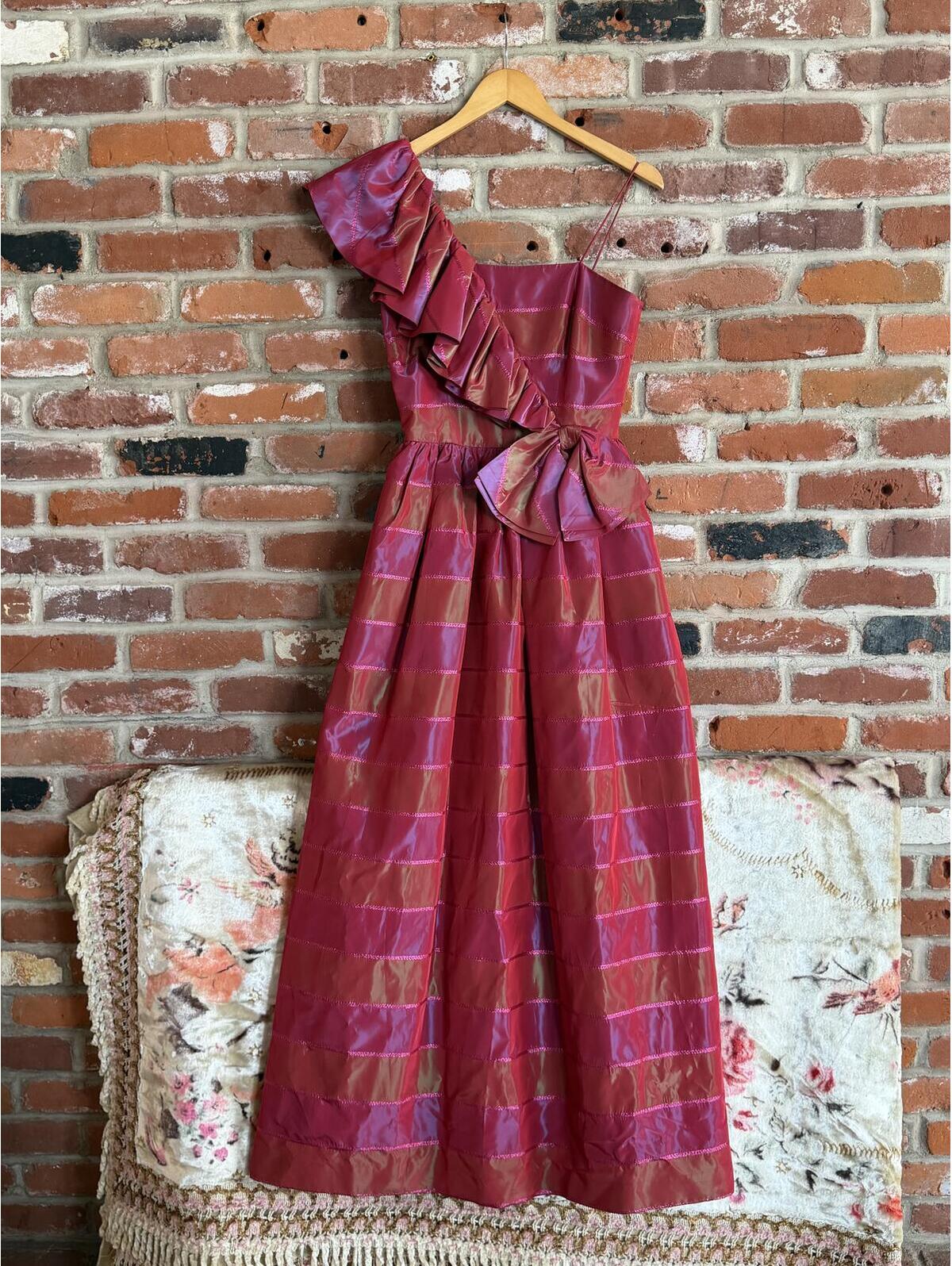 A.J. Bari 1980s Women’s One-Shoulder Ruffle Jacquard Plaid Maxi Dress